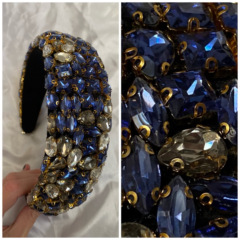 Large Blue and Gold Heavy Beaded Crystal Rhinestones Headband
